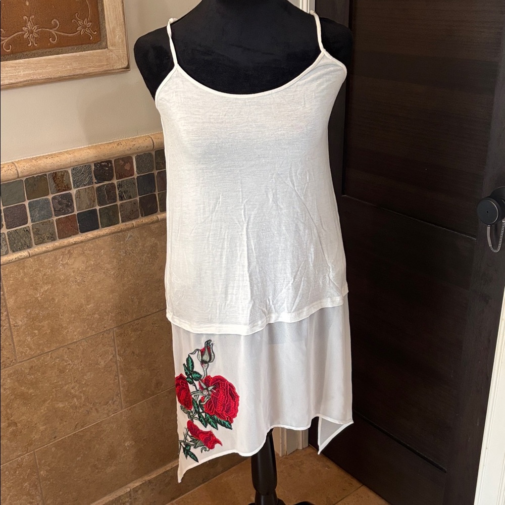 Origami owl White Asymmetrical Tank Top with Red Rose Design